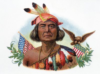 Portrait de Geronimo, chef Apache devant des drapeaux américains. Chromolithographie du 19e siècle. - Unknown artist