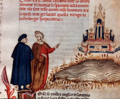 Portrait du poète italien Dante Alighieri avec Virgile regardant le trône d