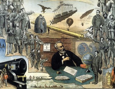 Portrait de Jules Verne et scènes de ses œuvres - affiche publicitaire pour ses œuvres complètes - Unknown artist