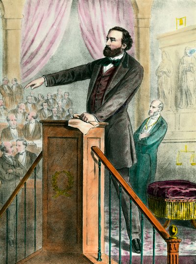 Portrait de Léon Gambetta (1838 - 1882) dans la galerie. Gravure du 19ème siècle - Unknown artist