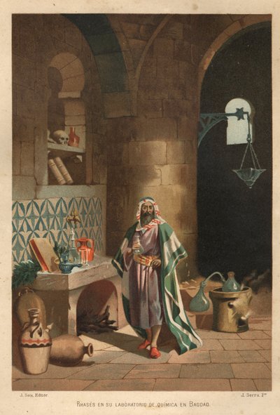 Portrait de Rhases (Rhazes, Razi, Al-Razi, Razis, ou Rases) (840-923) scientifique persan dans son laboratoire à Bagdad. Barcelone 1881 - Unknown artist