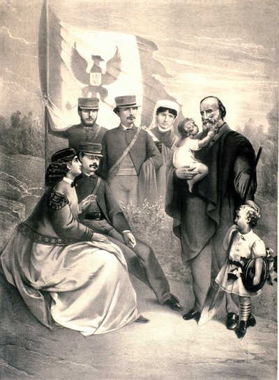 Portrait du patriote italien et héros du Risorgimento Giuseppe Garibaldi (1807-1882) entouré de ses enfants Menotti, Ricciotti debout et Teresita, Francesca Armosino et les petits Manlio et Clelia - Unknown artist