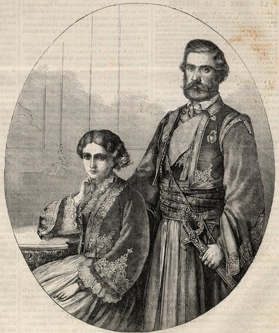 Portrait du prince de Serbie Michel III (1823-1868) et de la princesse Julie (1831-1919). Gravure dans "L