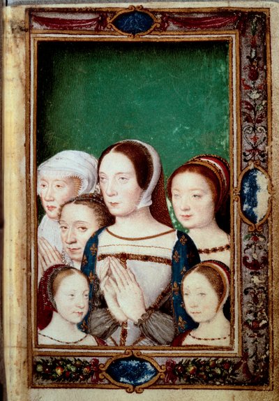 Portraits des filles de François Ier et de ses deux épouses. Filles : Louise (1515-1517), Charlotte (1516-1524), Madeleine (1520-1537), Marguerite (1523-1574). Claude de France (1499-1524) et Éléonore de Habsbourg (1498-1558). Miniature dans le « Livre d