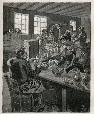 Poterie : remplissage de poteries. Gravure de 1885 dans "Les arts et métiers illustrés" par Adolphe Bitard. - Unknown artist