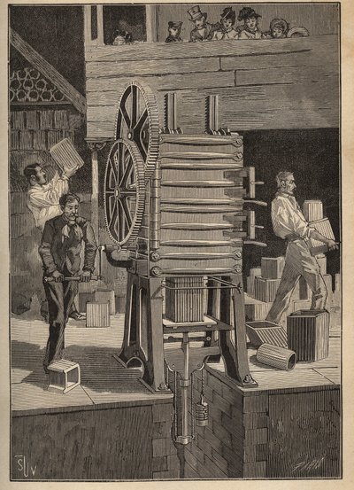 Poterie : moulage mécanique des pièces creuses. Gravure de 1885 dans "Les arts et métiers illustrés" par Adolphe Bitard. - Unknown artist