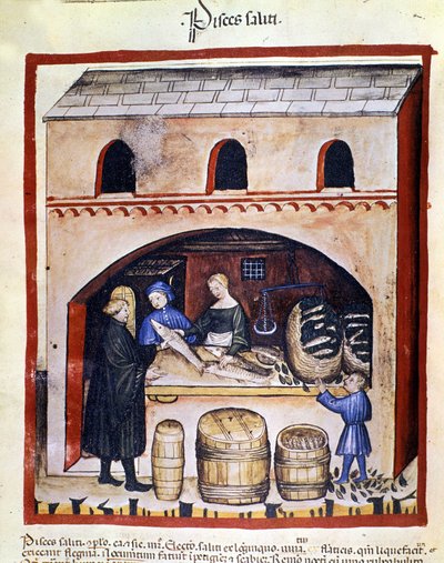 Préparation de poisson sale. Enluminure du « Tacuinum sanitatis » - Unknown artist