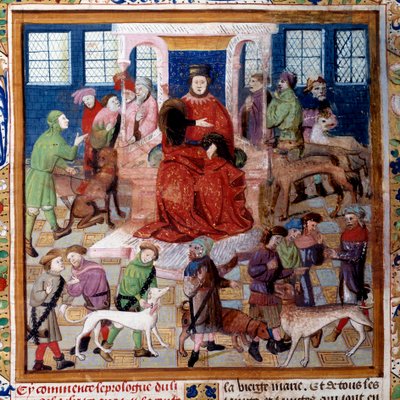 Présentation des chiens au comte de Foix Miniature du « Livre de chasse » par Gaston III Phoebus, comte de Foix, seigneur de Béarn - Unknown artist