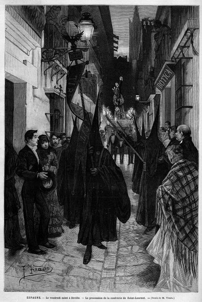 Procession de la confrérie de Saint Laurent à Séville (Espagne) le Vendredi Saint. Gravure dans « Le Monde illustré » 1883. Collection privée. - Unknown artist