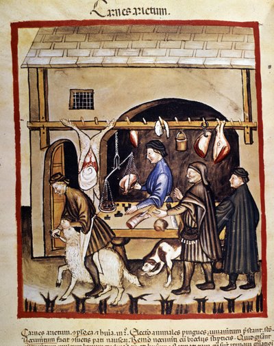 Production et vente (boucherie) de viande de mouton. Un mouton est abattu. Enluminure du "Tacuinum sanitatis" - Unknown artist