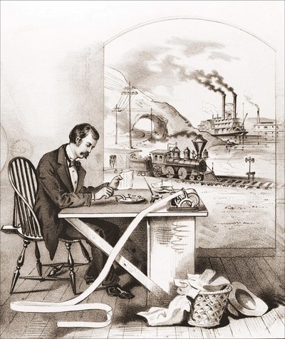 Progrès du siècle (19e siècle) : Télégraphie Morse, bateau à vapeur, train, etc. Gravure du 19e siècle - Unknown artist