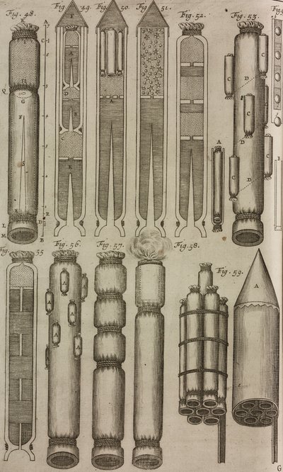 Fusées et instruments pyrotechniques, gravure tirée du Grand Art d