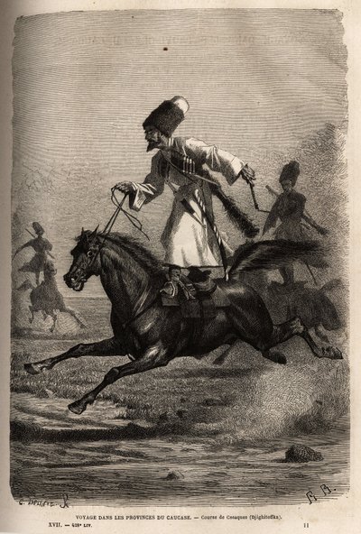 Course de cosaques, montés en équilibre debout sur leur selle, les cavaliers fouettent leurs chevaux pour les faire galoper. Gravure pour illustrer le voyage dans les provinces du Caucase, par Basile Vereschaguine, en 1864-1865, publié dans « Le tour du mo - Unknown artist