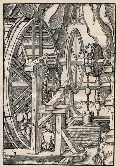 Pompe à chaîne et à godets pour drainer une mine opérée par des hommes sur une roue à aubes. De Agricola (George Bauer) De re metallica, Bâle - Unknown artist