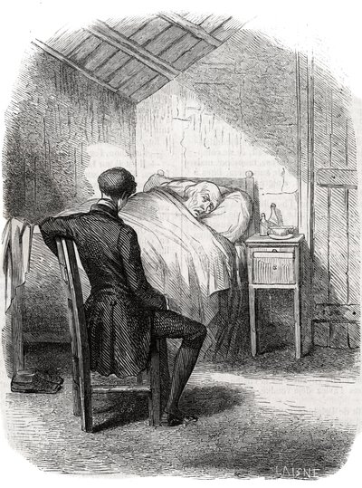 Rastignac resta seul près du vieil homme, assis au pied du lit... Gravure du milieu du 19e siècle. Illustration pour "Le Père Goriot" d