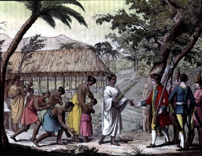 Réception du navigateur Samuel Wallis par la reine Oberea à Tahiti. « Navigations de Cook », Milan - Unknown artist
