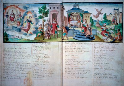 Théâtre religieux : Passion et Résurrection joué à Valenciennes en 1547. Page de manuscrit avec aquarelle, Paris, B.N. - Unknown artist