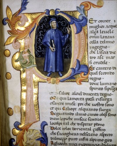 Représentation dans une lettrine du poète Dante Alighieri (1265 - 1321), miniature du 14ème siècle. - Unknown artist