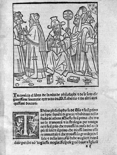 Représentation de Diogène Laërce (120-240) (centre) entouré de divers penseurs et philosophes Page tirée de « Vies, doctrines et sentences des philosophes illustres » (Vitae Philosophorum) par le poète et historien Diogène Laërce (120-240) 1495 - Unknown artist