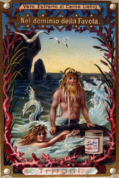 Représentation de tritons, créatures légendaires mi-homme mi-poisson. Chromolithographie du 19ème siècle - Unknown artist