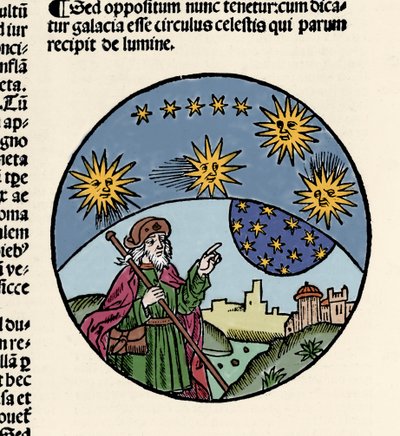 Représentation du philosophe grec Aristote (384-322 av. J.-C.) indiquant les étoiles. Gravure du traité de physique « Textus abbreviatus Aristotelis super octo liris Phisicorum & tota naturalis philosophia » par Thomas Bricot (d. 1516). 1496 - Unknown artist