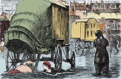 Représentation de la cabine de bain inventée en 1750 par Benjamine Beale : les femmes à l