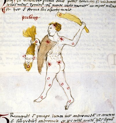 Représentation de la constellation du Bouvier (Botes) Le chasseur Botes tient les cheveux de Bérénice dans sa main. Miniature de « Astronomica » par Biasino da Parma (Blaise de Parme) (1425-1457) - Unknown artist