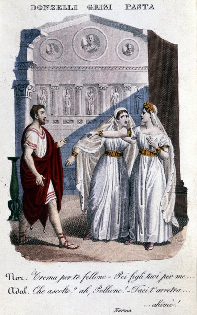 Représentation des interprètes de la première représentation de « La Norma » par Vincenzo Bellini (1801 - 1835) : de gauche à droite Domenico Donzelli (Pollione), Giuditta Grisi (Adalgisa) et Giuditta Pasta (Norma). 1833. - Unknown artist