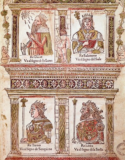 Représentation de la page des Rois : Roi David, Roi Salomon, Roi Turno et Roi Lubba (Page des rois) Planche du « Libro delle sorti » par Lorenzo Spirito Gualtieri - Unknown artist