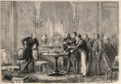 Représentation de la pièce "Mercadet" (Le Faiseur) par Honoré de Balzac (1799-1850) à la Comédie-Française. Acte III, Scène VI. Gravure dans "L