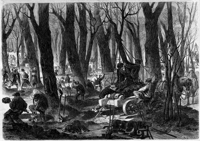 Travaux de restauration dans le jardin des Tuileries à Paris. Gravure dans "L