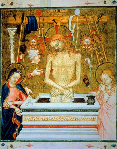 Résurrection du Christ : Christ sortant du tombeau entre la Vierge et Saint Jean avec les instruments de la passion (Miniature) - Unknown artist