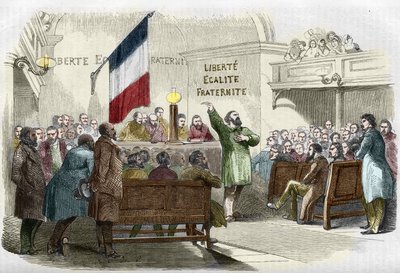 Révolution de 1848 : réunion du Club Républicain à Paris en 1848. Le mur lit la devise républicaine "liberté, égalité, fraternité". (Réunion dans un club républicain). Gravure du 19ème siècle. - Unknown artist