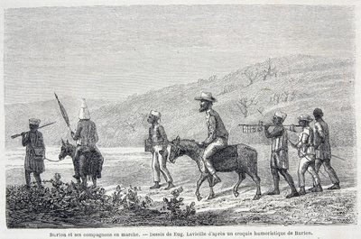 Richard Francis Burton, explorateur britannique (1821-1890), et ses compagnons en Afrique. Dessin illustrant l