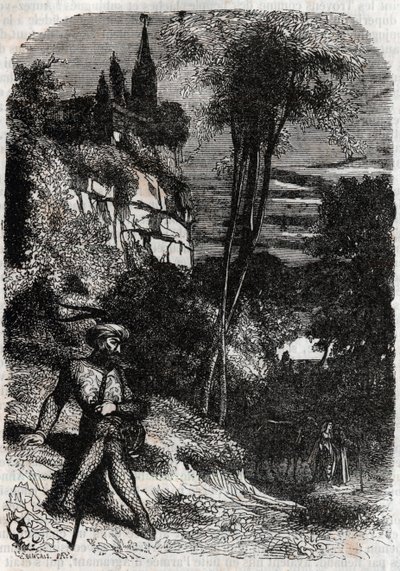 Rodomont, Isabella et le vieil ermite - gravure de 1851 de « Roland furieux » (Orlando furioso) (16ème siècle) par Ludovico Ariosto, dit l