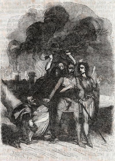 Rodomont abandonne Paris - gravure de 1851 de "Roland furieux" (Orlando furioso) (16ème siècle) par Ludovico Ariosto, dit l