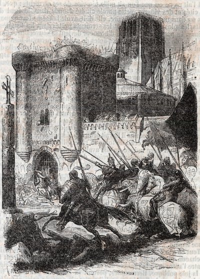Rodomont brise les portes du Palais à Paris - gravure de 1851 de « Roland furieux » (Orlando furioso) (16ème siècle) par Ludovico Ariosto, dit l