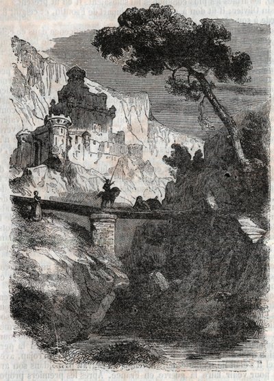 Rodomont vaincu par Bradamante - gravure de 1851 de "Roland furieux" (Orlando furioso) (16ème siècle) par Ludovico Ariosto, dit l