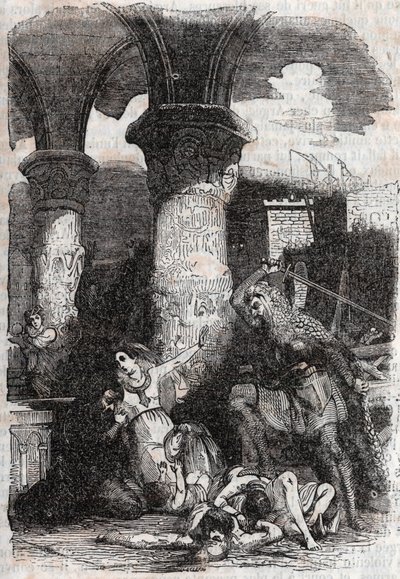 Rodomont massacre les habitants de Paris - gravure de 1851 de "Roland furieux" (Orlando furioso) (16ème siècle) par Ludovico Ariosto, dit l
