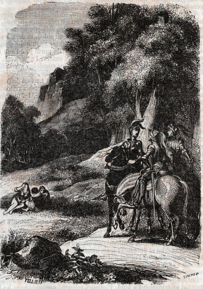 Roger, Marphise et les trois femmes - gravure de 1851 de « Roland furieux » (Orlando furioso) (16ème siècle) par Ludovico Ariosto, dit l
