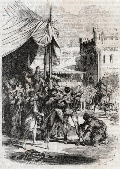 Roger défie Rodomont en bataille - gravure de 1851 de « Roland furieux » (Orlando furioso) (16e siècle) par Ludovico Ariosto, connu sous le nom d