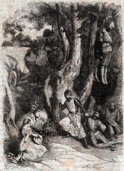 Roland et les sept brigands de la caverne - gravure de 1851 de « Roland furieux » (Orlando furioso) (16e siècle) par Ludovico Ariosto, traduit de l