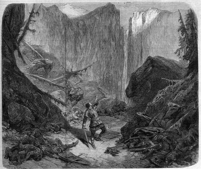 Roland soufflant dans son cor à la bataille de Roncevaux le 15 août 778. Dessin d