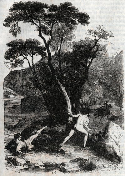 Roland poursuivant Angélique - gravure de 1851 de "Roland furieux" (Orlando furioso) (16ème siècle) par Ludovico Ariosto, dit l