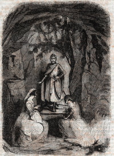 Roland voit Isabelle dans une grotte - gravure de 1851 de « Roland furieux » (Orlando furioso) (16e siècle) par Ludovico Ariosto, connu sous le nom d