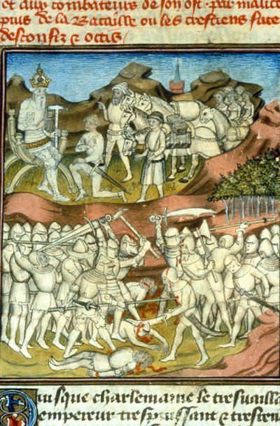 La mort de Roland. Charlemagne envoie ses chevaliers au combat; le chevalier Roland est tué à la bataille de Roncevaux (778) - Miniature du Moyen Âge - Unknown artist