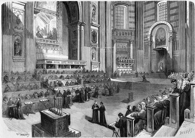 Rome 1869, première réunion du Concile œcuménique de 1869 tenue le 9 décembre dans la partie droite du transept de l