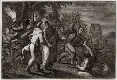 Bible de Royaumont, Nouveau Testament : Arrestation de Jésus-Christ ou le Baiser de Judas. Les soldats viennent arrêter le Christ au Jardin des Oliviers. Saint Pierre coupe l
