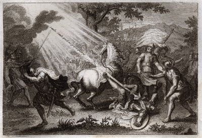 Bible de Royaumont, Nouveau Testament : Conversion de Saint Paul sur le chemin de Damas. Il entend la voix de Jésus-Christ qui lui dit « Saul, Saul, pourquoi me persécutes-tu ? » et un cheval tombe. Illustration de 1811. - Unknown artist