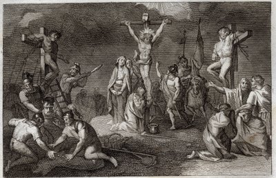 Bible de Royaumont, Nouveau Testament : Crucifixion de Jésus-Christ. La Vierge Marie, Sainte Marie-Madeleine et Saint Jean au pied de la croix, Saint Longin le Centurion (Saint Longinus) avec sa lance, des soldats jouant la tunique du Christ. Sur les côtés - Unknown artist